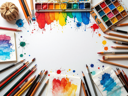 美术用品展示，包括彩色铅笔、水彩笔、橡皮擦等，背景为艺术工作台