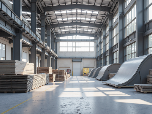 现代化工厂外景，蓝白相间建筑，绿树环绕，阳光明媚