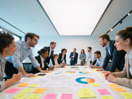 企业团队在会议室讨论的场景，多人围坐圆桌，背景有企业文化标语