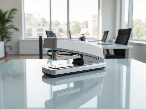 办公用品套装展示，包括订书机、剪刀、胶水等，背景为现代办公桌