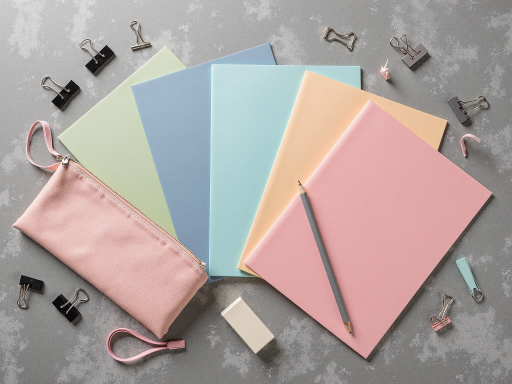 各类纸制品整齐摆放，包括笔记本、便签纸、文件夹等，背景为浅色书桌