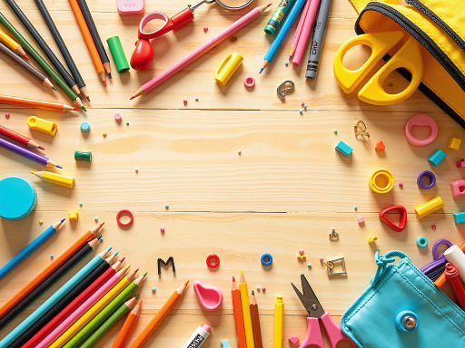 学生文具套装展示，包括文具盒、尺子、计算器等，背景为教室环境