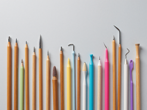 各种彩色笔类文具整齐排列，包括圆珠笔、钢笔、马克笔等，背景为白色桌面